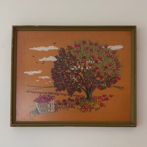 Beautiful Vintage Framed Tree and Basket Hand-Embroidered Art